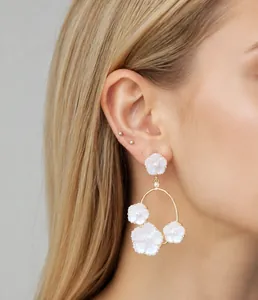 Détail des boucles d'oreilles fleurs en résine blanche portées par le mannequin