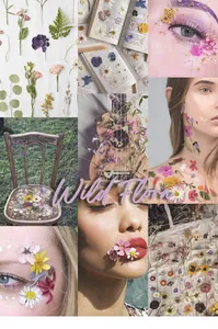 Collage artistique de stickers de flore sauvage sur visages et objets de décoration