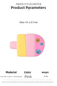 Pink resin watermelon popsicle hair clip with rhinestones and detailed size measurements