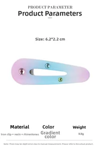 Detail view of a colorful resin hair clip with rhinestones and pink-blue gradient design