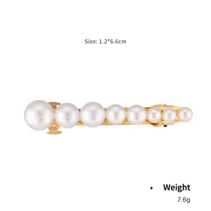 Elegant wave pearl hair clip with 8 gradient pearls on gold metal 1.2x6.6cm base