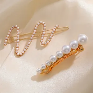 Elegant Faux Artificial Pearl Gold Alloy Hair Clips For Women Wave Shaped Spring Hair Clips Gradient Artificial Pearl Duckbill Clips Hair Accessories