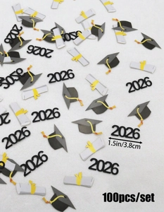 Detailed view of 2026 graduation confetti with cap and scroll icons in a 100-piece pack