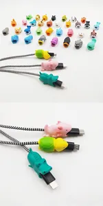 Macro shot showing various animal cable bites protecting different USB charging cable ports
