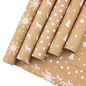White Christmas pattern brown kraft wrapping paper rolls with reindeer and snowflakes