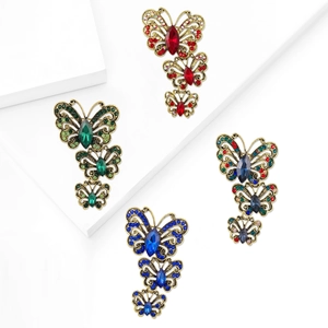 Elegant multi-layered butterfly brooches with rhinestones on gold base, four colors set