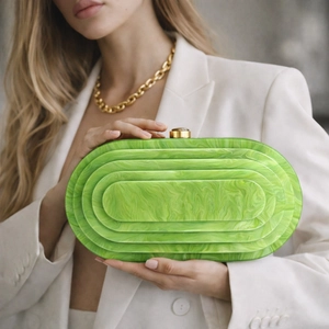 Elegant green marble acrylic evening bag with a unique tiered oval design and gold chain