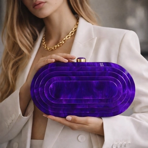 Vintage acrylic purple marble dinner clutch bag with 3D ring pattern and gold chain