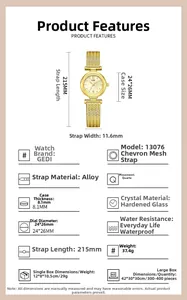 Detailed specs of elegant women's gold quartz watch with a mother of pearl dial face
