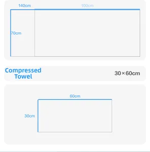 Size comparison chart for compressed towels showing large 140x70cm and small 60x30cm options