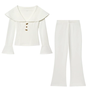 Elegant white two-piece set with V-neck buttoned top and high waist flare pants