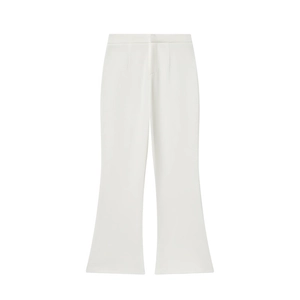 Flat lay of high-waisted white flared trousers with tailored waist for business casual wear