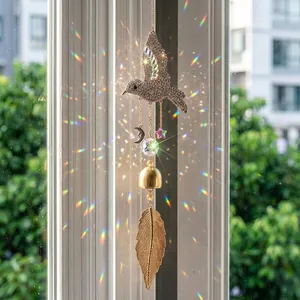 Hummingbird crystal sun catcher with golden bell and leaf for garden decoration