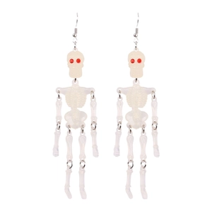 Luminous Halloween skeleton drop earrings with red rhinestone eyes and silver hooks