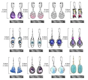 Size chart showing lengths for 12 types of crystal teardrop earrings in centimeters and inches