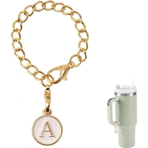 Golden letter A charm keychain with white enamel pendant on a tumbler handle
