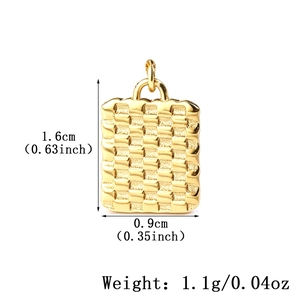 Detail of a gold plated square textured pendant with 1.6cm height and 0.9cm width measurements