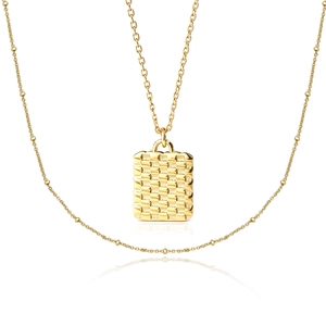 Macro shot of gold S925 sterling silver chain featuring a woven texture square pendant