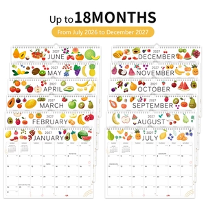 Detail view of 18-month hanging calendar with colorful fruit illustrations and spiral binding