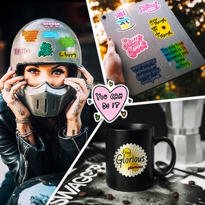 Inspirational stickers showing application on a motorcycle helmet, tablet, and mug surfaces