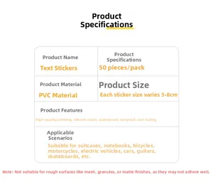 Detailed specification sheet for 50pcs waterproof PVC motivational stickers for luggage