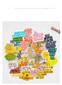 Detailed view of colorful inspirational English quote stickers for DIY laptop and luggage