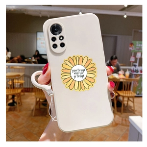 Detail of cream phone case with daisy floral design and inspirational quote lettering