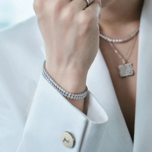 Close-up of double-row tennis bracelet with shimmering round-cut cubic zirconia stones