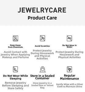 Detailed jewelry care guide with icons for cleaning and maintenance of tennis bracelets