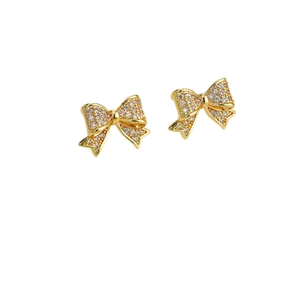 Sparkling S925 silver needle bowknot stud earrings with gold plating and pavé crystals