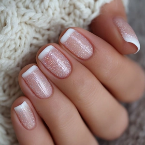 Classic French press-on nails with white tips and silver glitter on nude base