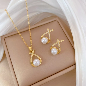 Titanium Steel Necklace And Earrings Jewelry With Artificial Pearl Cross Teardrop Zircon Silver Earring Post For Women Banquet Wedding
