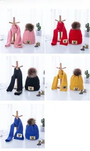 Children knit hat and scarf sets with pompom in pink red black yellow and blue colors