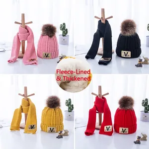 Kids Winter Knitted Hat And Scarf Set Fleece Lined Warm Beanie With Artificial Fur Pom-pom For Boys Girls Toddler