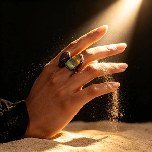 Vintage bronze open ring featuring raw amethyst and green fluorite stones in dramatic lighting