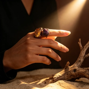Vintage bronze open rings with natural raw amethyst and citrine stones in a desert scene