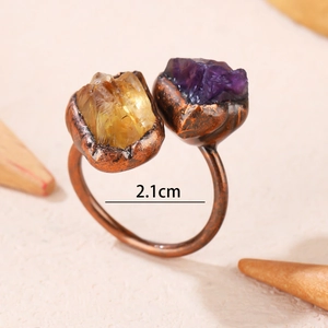 Vintage bronze open ring with natural amethyst and citrine crystals in rustic design