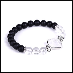Detail of matte black agate beads with clear quartz pyramid charm and silver spacers