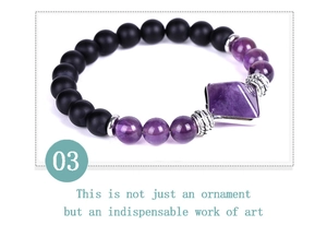 Detail of matte black onyx beads and pyramid-shaped amethyst stone in silver frame