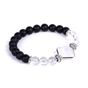 Macro detail of natural amethyst pyramid stone with black matte agate beads bracelet