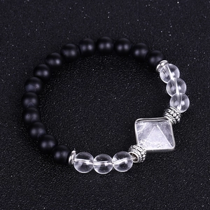 Detail of beaded bracelet with matte black onyx, clear crystal, and pyramid pendant