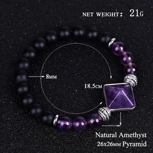 Natural Amethyst Pyramid Pendant Bracelet with Matte Black Onyx Beads and Silver Accents