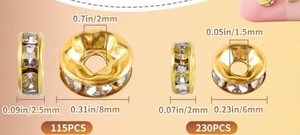 Detailed size comparison of golden rondelle spacer beads with rhinestones for DIY jewelry