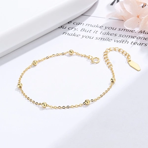 Minimalist S925 sterling silver beaded chain bracelet with polished gold-tone round beads