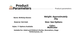 Detailed product specifications for felt birthday party glasses for adults and children