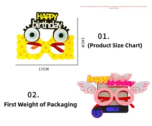 Detailed size measurement of cartoon birthday party glasses showing 17x14cm and weight