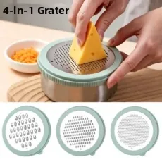 Detailed close-up of 4-in-1 stainless steel grater set with interchangeable slicer lids