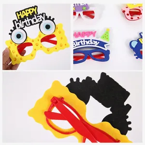 Colorful felt Happy Birthday party glasses featuring cartoon animal frames and fun designs