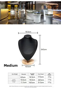 Size chart showing height and width for solid wood base necklace display bust stands