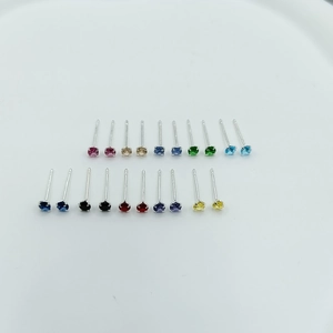 Set of mini S925 silver stud earrings with colorful four-prong round zircon stones